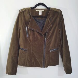 Chelsea & Violet Bomber Jacket Cotton Velvet Olive Green Brown Zipper Pockets